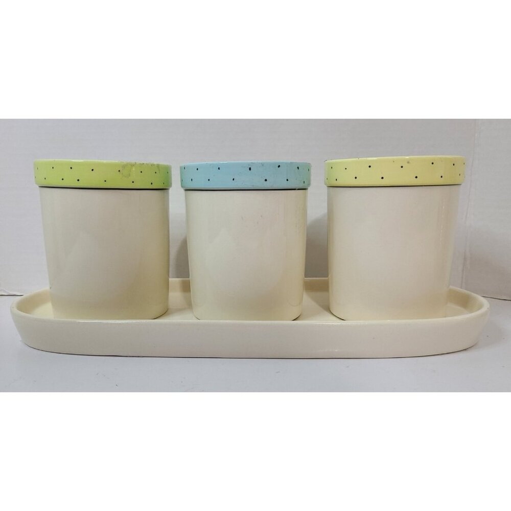 Rae Dunn 4pc Polka Dot Fork Knife Spoon Utensil Jars & Platter Blue Green Yellow - Picture 2 of 15